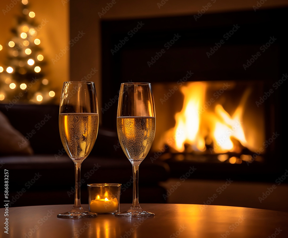 generative ai illustration of 2 champagne glasses on glass table in front of cozy fireplace with fire generative ai illustration of 2 champagne glasses on glass table in front of cozy fireplace with fire