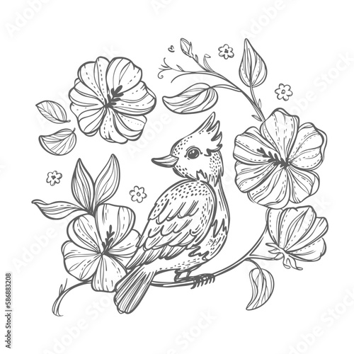 BIRD HAND DRAWN Sits On A Branch With Blooming Flowers Monochrome Hand Drawn Sketch In Chinese Style Coloring Page Nature Vector Illustration For Print
