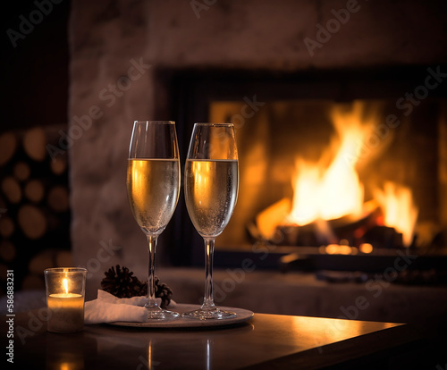 generative ai illustration of 2 champagne glasses on glass table in front of cozy fireplace with fire