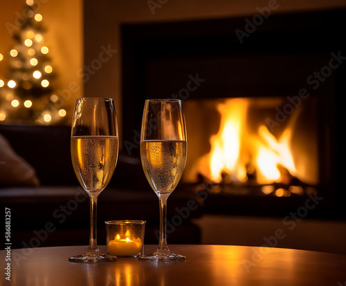 generative ai illustration of 2 champagne glasses on glass table in front of cozy fireplace with fire