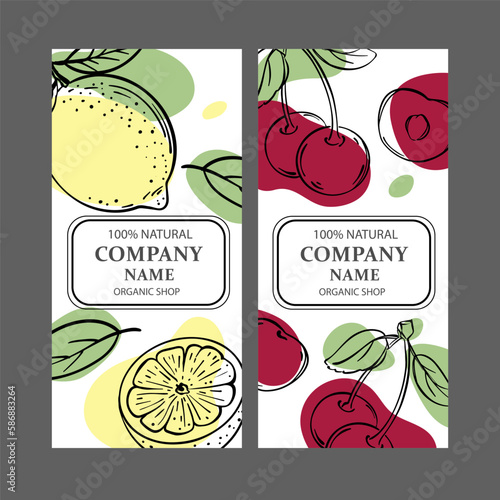 CHERRY AND LEMON Label Templates Design Of Stickers For Shop Of Tropical Organic Natural Fresh Juicy Fruits And Dessert Drinks In Vintage Vector Collection