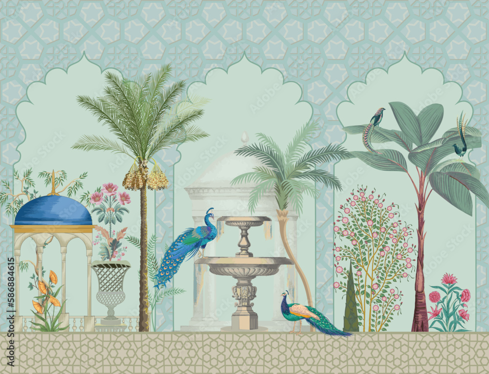 Decorative Moroccan pattern with palm tree, plant, bird, peacock illustration for wallpaper. Chinoiseries design - obrazy, fototapety, plakaty 