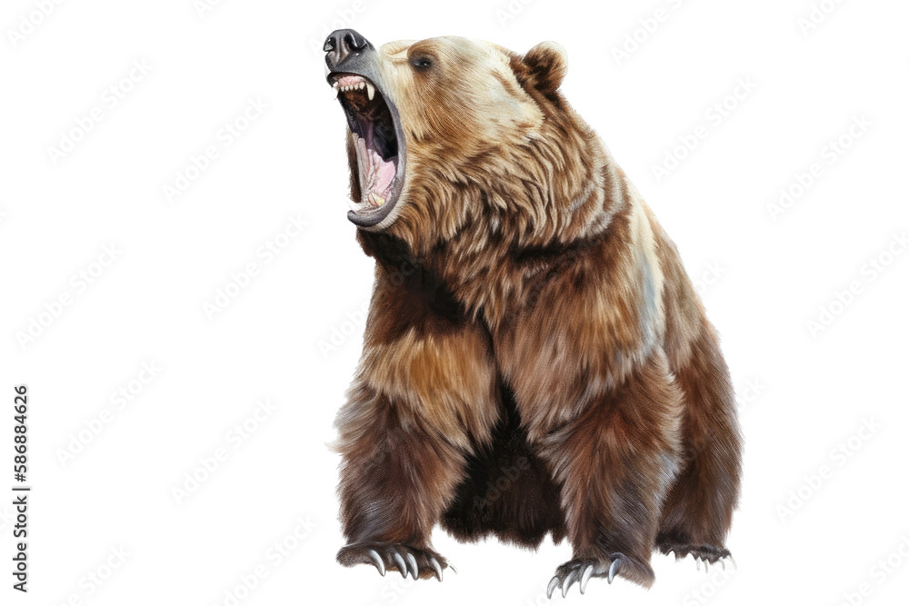 Fototapeta premium an isolated large grizzly bear roaring, front-view, fierce bear, North American, mountain-themed photorealistic illustration on a transparent background in PNG. Ursus arctos horribilis. Generative AI