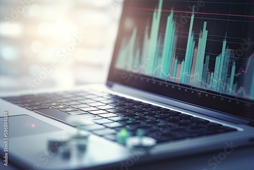 Close up of laptop keyboard and bank card with glowing forex chart with index on blurry background. Trade, stock and finance concept. Double exposure - Generative AI