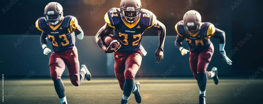 On the field /pitch three American football players are running and playing. - Generative AI