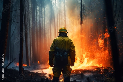 A firefighter saves a forest from an uncontrolled wildfire.Generative AI illustration.