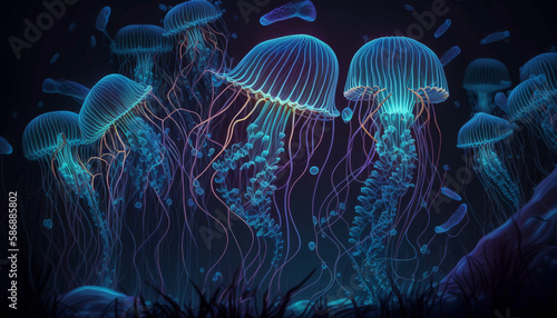 Not based on any actual scene or pattern glowing sea jelly fish .Generative AI.