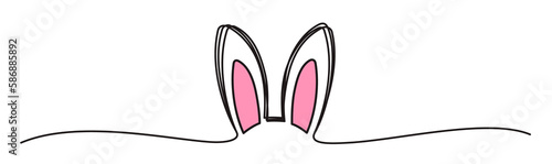 Easter Bunny Ears line art banner in scribble style hand drawn with continuous thin line, divider shape. Png clipart isolated on transparent background