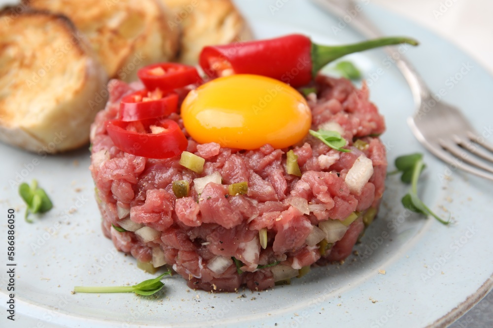 Tasty beef steak tartare served with yolk and other accompaniments on plate, closeup