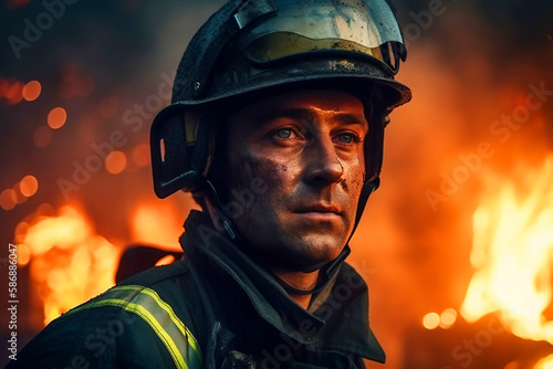 Portrait of a firefighter who saves the forest from an uncontrolled wildfire.Generative AI illustration.