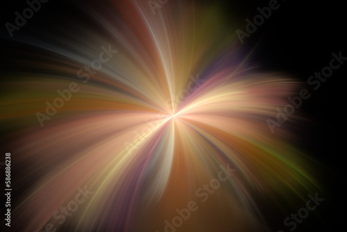 Orange multi-colored pattern of curved rays from the center on a black background. Abstract fractal 3D rendering