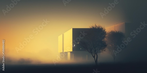 Tranquil minimal landscape in foggy morning scene. superlative generative AI image.