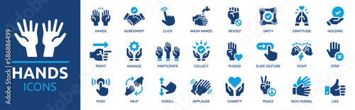 Hands icon set. Containing gesture, click, slide, push, agreement, participate, applause, like, holding, stop, scroll and point symbol. Solid icons vector collection. © Icons-Studio