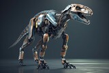 robotic dinosaur standing in a dark room, ready to attack. Generative AI