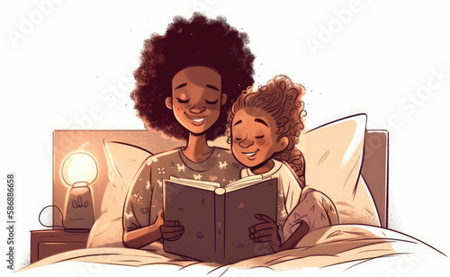 The peaceful scene of an afro mother reading to her child is a testament to the power of love. Generative AI photo