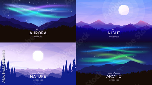 Vector wallpapers. A collection of landscapes. Aurora Borealis in the Arctic, mountains and forest, sunset, night scene. Minimalist flat style. Design of banner, web background, wallpaper, cover.