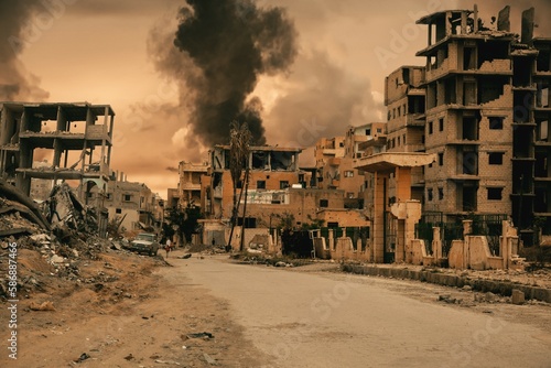 Destroyed houses and ruined apartment building 