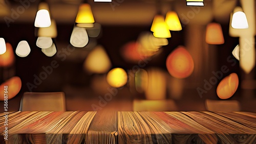 Empty wood table top with blurry lighting in a restaurant with a dark backdrop. Generative Ai.