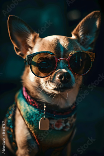 cute chihuahua dog wearing sunglasses and a bandana created with generative AI tools © Wandergus