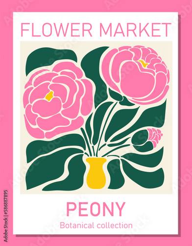 Trendy botanical wall art of peony. Flower market poster concept template perfect for postcards, wall art, banner. Modern naive groovy funky interior decorations, paintings. Vector print