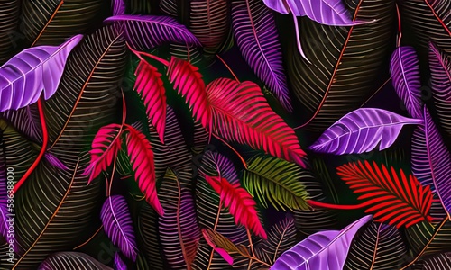 Background with a full frame of purple leaves, lush foliage, and a tropical leaf. Generative Ai.