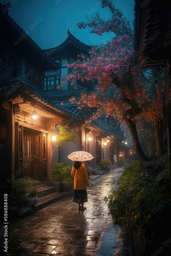 a person walking on the wet rainy beautiful colorful street with colorful spring trees at night, generative AI
