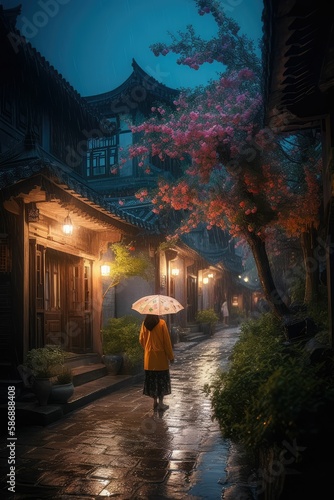a person walking on the wet rainy beautiful colorful street with colorful spring trees at night, generative AI