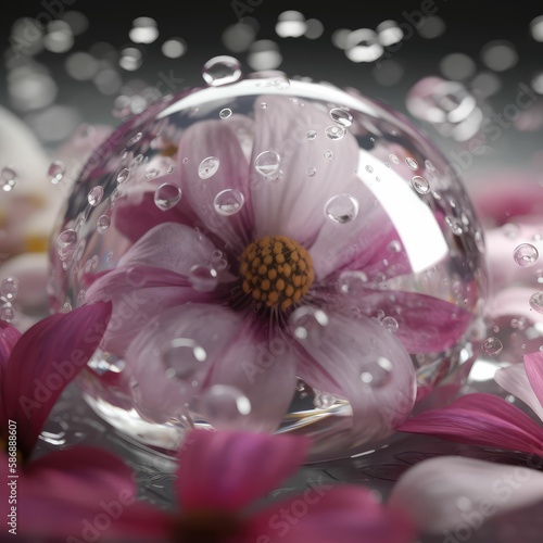 beautiful pink flower inside a glass bubble with water drops, generative AI