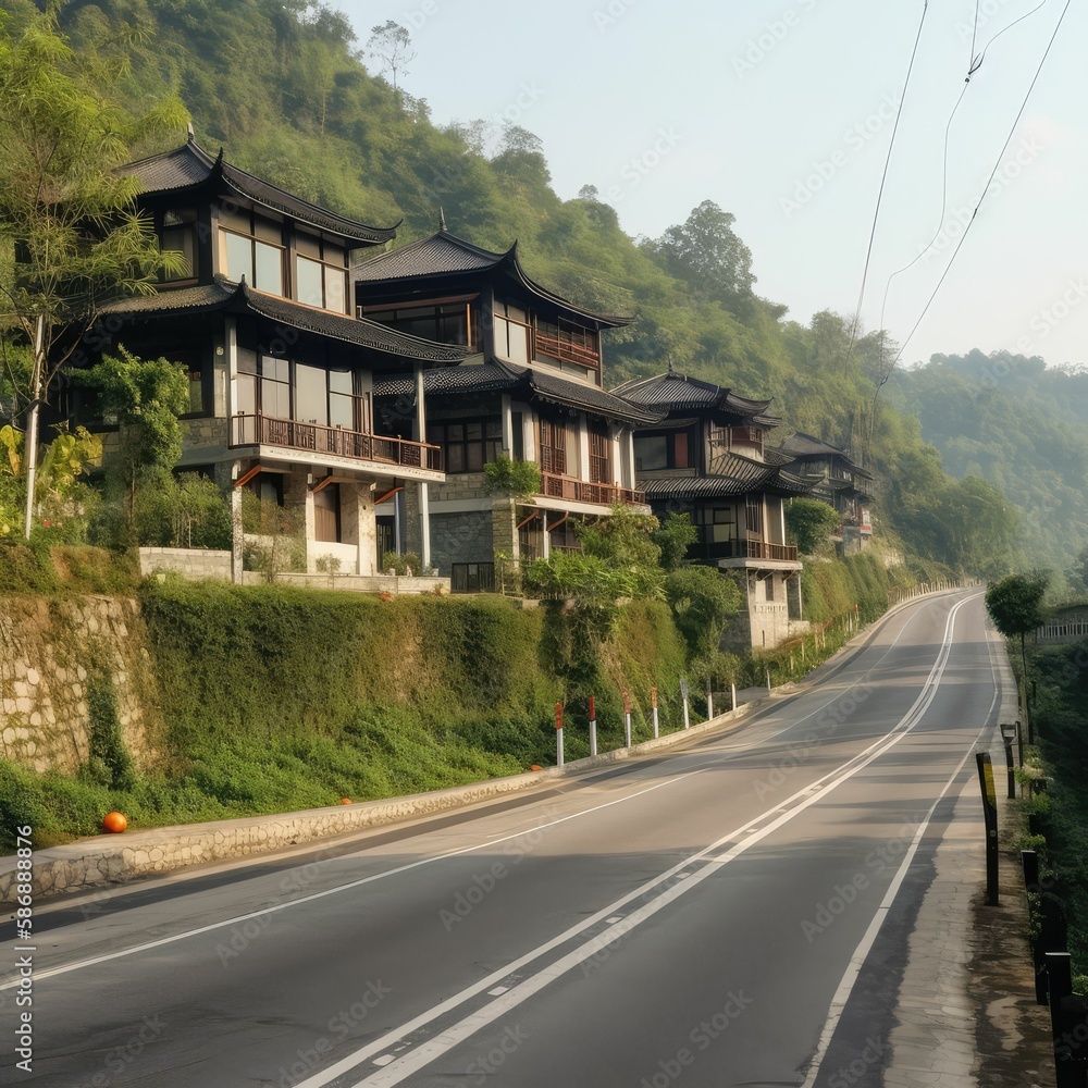 house on the green hills and a road, generative AI