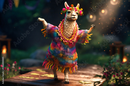 A jolly llama wearing a flowery summer dress and sunglasses, standing on its hind legs and dancing with a hula hoop