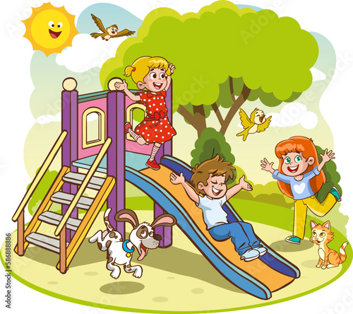Vector illustration of happy kids playing in playground