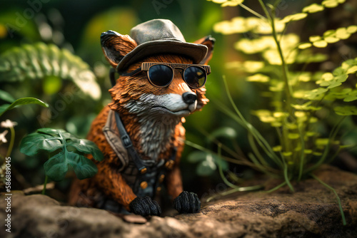 A curious fox wearing a safari hat and sunglasses, peeking out from behind a bush with a paw raised and a curious expression