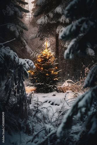 christmas tree with glowing decorations in winter forest