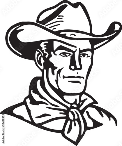 Vintage cowboy man in a hat 60s style . Retro comics cowboy black and white ink drawing, American cartoon advertising illustration.