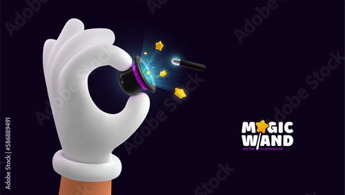Magician hand in white glove holding magic hat with wand and glowing stars and light magical effects on dark background. Circus illusionist vector illustration