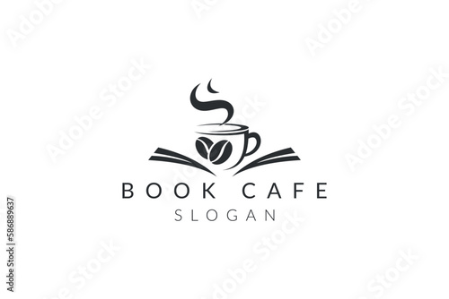 coffee shop logo with read book. Caffe mug icon. book symbol. Vector illustration.