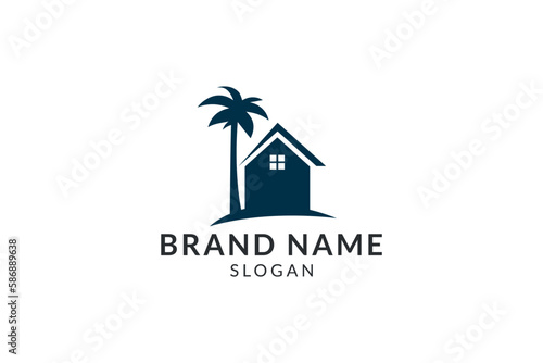 house with a palm tree logo design template.