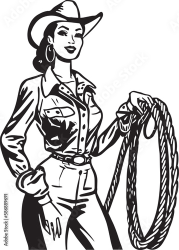 Vintage cowboy woman in a hat 60s style . Retro comics cowboy woman black and white ink drawing, American cartoon advertising illustration.