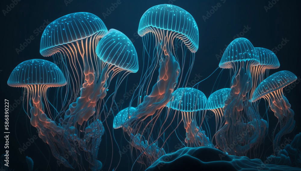 Not based on any actual scene or pattern glowing sea jelly fish .Generative AI. Not based on any actual scene or pattern glowing sea jelly fish .Generative AI.