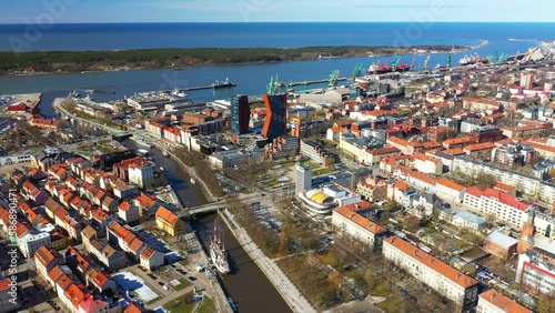 The city landscape of Klaipeda and the port of the city, a view from a drone in 4k format