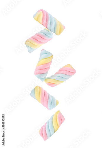 Colorful marshmallows candy falling in the air isolated on transparent background. PNG