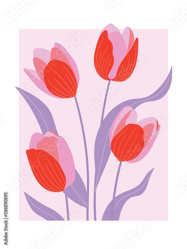 Spring abstract tulip flower background vector. Contemporary art design with floral, leaves, plant in hand drawn style. Botanical illustrated perfect for wall art, poster, wallpaper, cover, banner.
