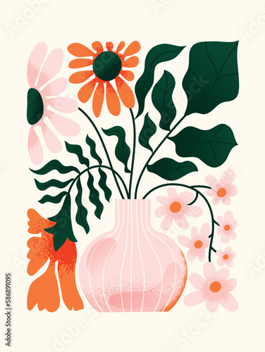Spring abstract flower background vector. Contemporary art design with floral, leaves, plant in grunge texture. Botanical nature illustrated perfect for wall art, poster, wallpaper, cover, banner.