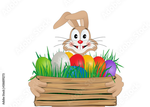 Osterhase hält fröhlich einen Korb mit Gras und Ostereier,
ein paar Ostereier fallen heraus,
Vektor Illustration isoliert auf weißem Hintergrund
