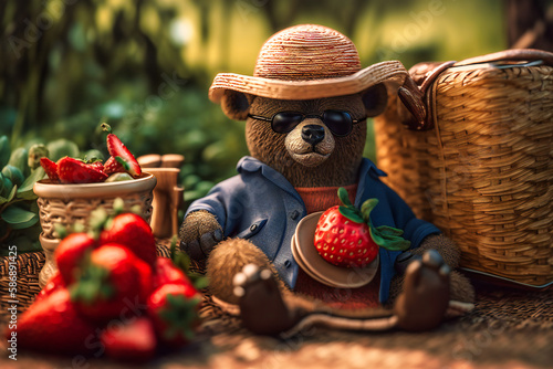 A silly-looking bear wearing a straw hat and sunglasses, sitting on a picnic blanket with a basket of berries and a big smile