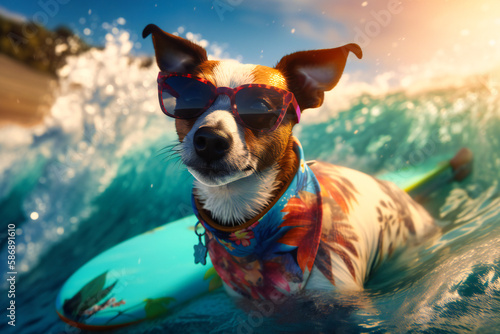 A happy dog wearing a Hawaiian shirt and sunglasses, surfing on a giant wave and looking like a pro © Nilima
