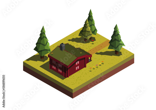 Isometric log cabin in the woods
