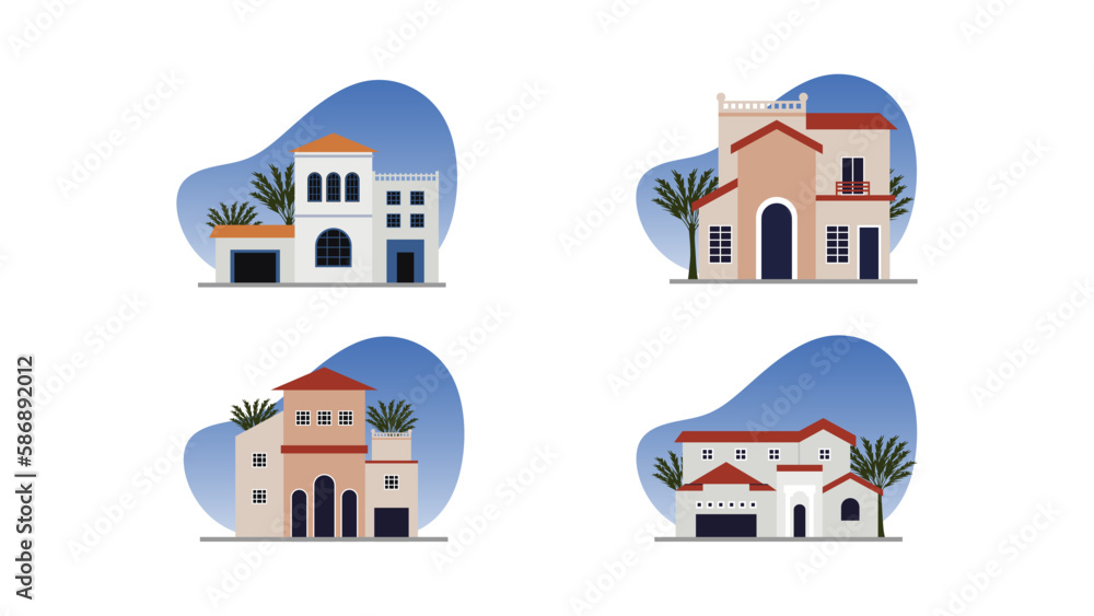 Mediterranean House Vector Illustration Set - Travel and Architecture Design with Traditional Style and Beautiful Landscape