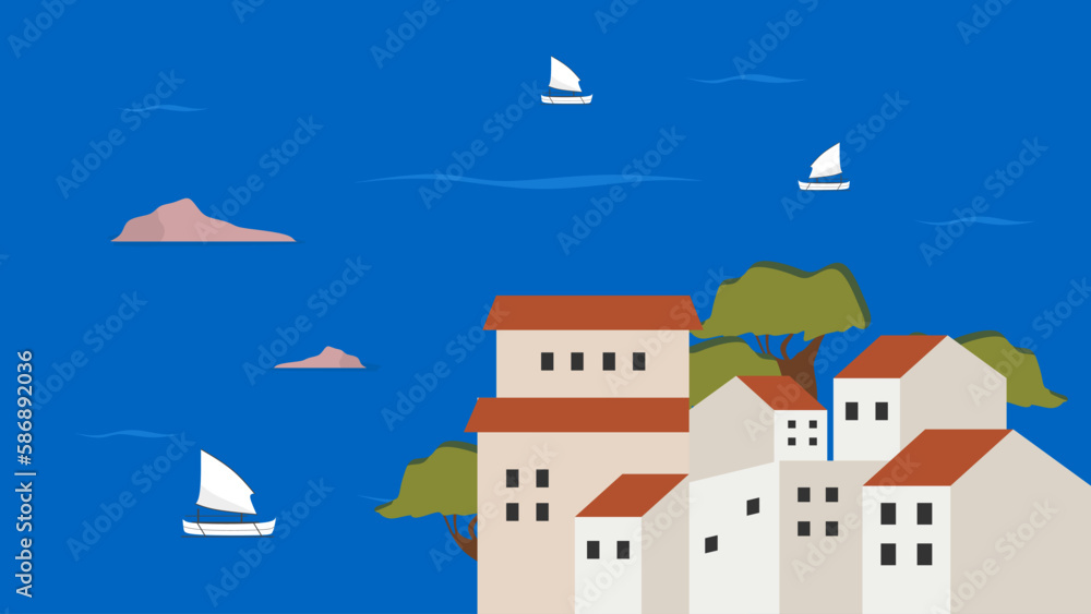 Picturesque Spanish Coastal Town Illustration with Mediterranean Sea View