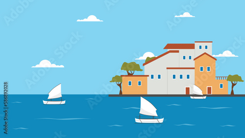 Mediterranean House with Sea View - Vector Illustration of Traditional Architecture and Coastal Landscape